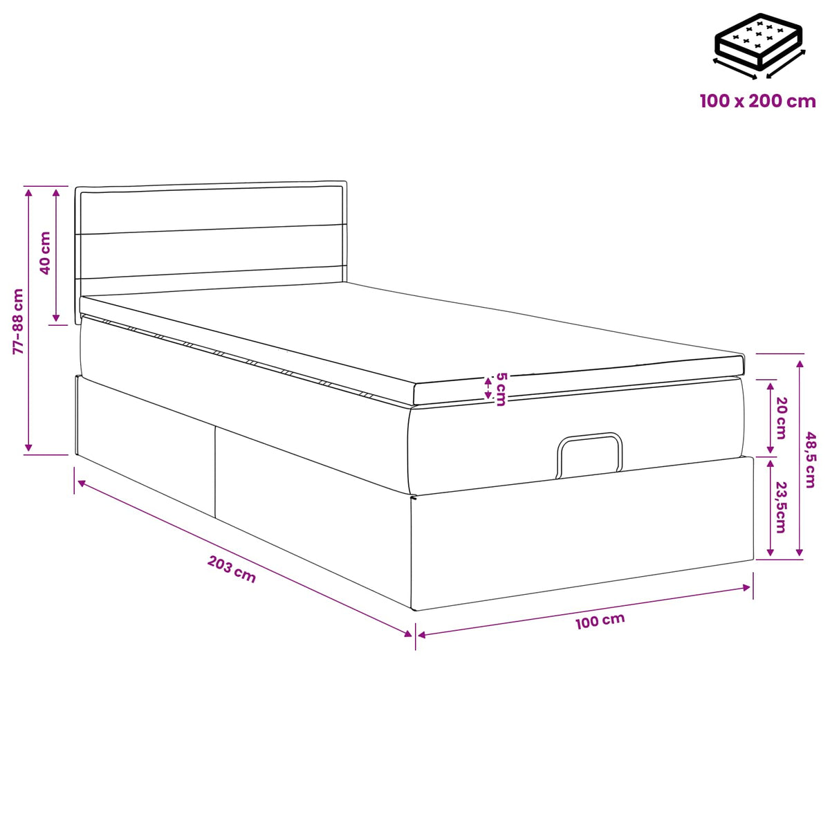 Ottoman-Bett mit Matratze und LED Hellgrau 100 x 200 cm Stoff