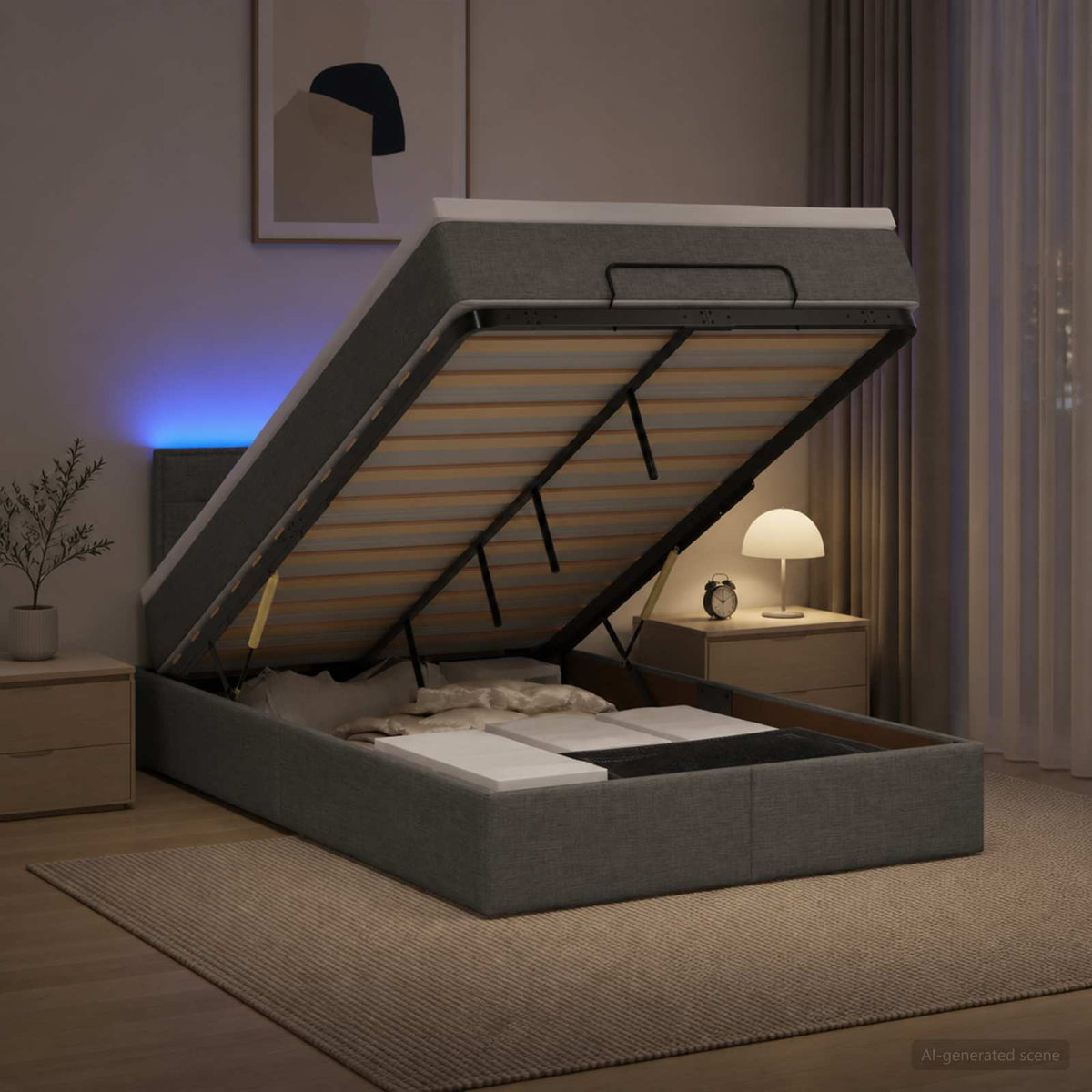 Ottoman-Bett mit Matratze und LED Dunkelgrau 120 x 200 cm Stoff