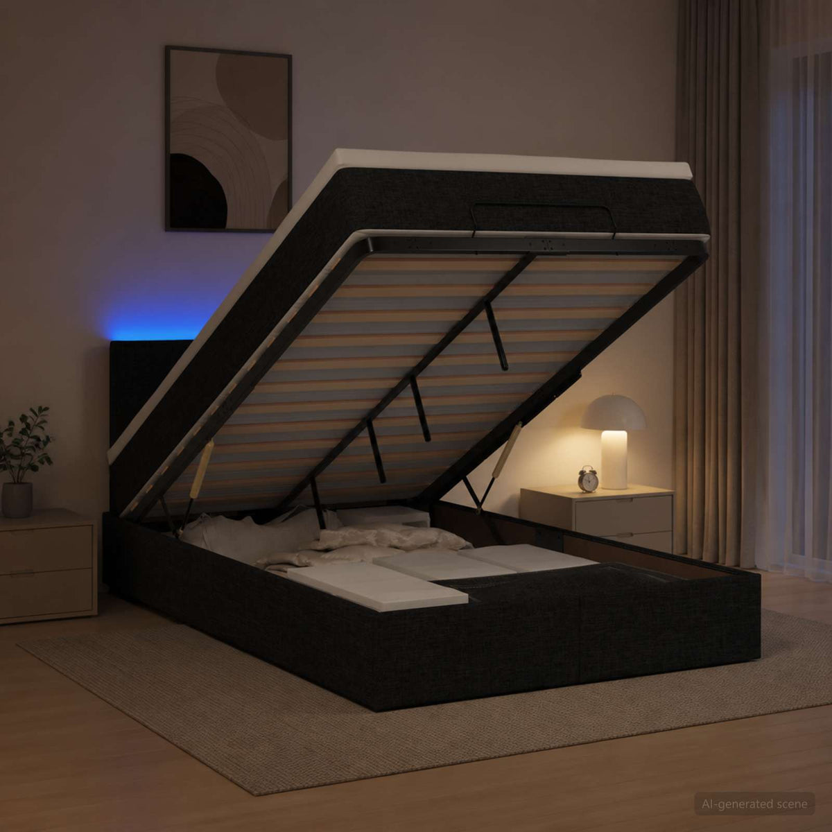 Ottoman-Bett mit Matratze und LED Schwarz 120 x 190 cm Stoff