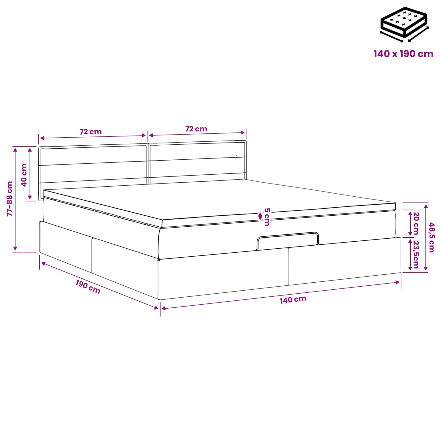 Ottoman-Bett mit Matratze und LED Schwarz 140 x 190 cm Stoff