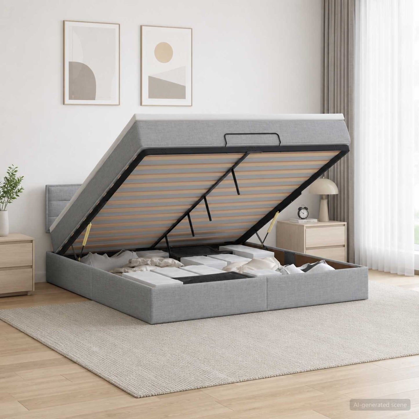 Ottoman-Bett mit Matratze und LED Hellgrau 140 x 190 cm Stoff