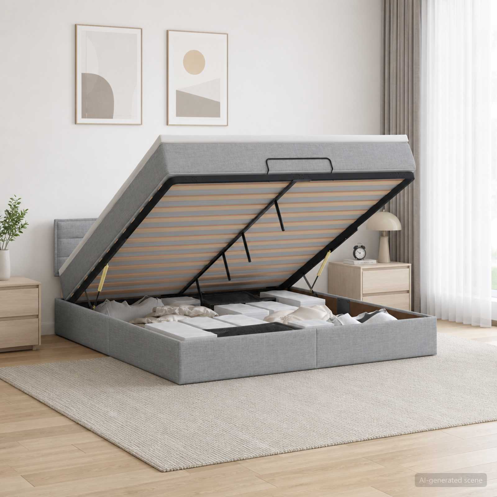 Ottoman-Bett mit Matratze und LED Hellgrau 140 x 190 cm Stoff