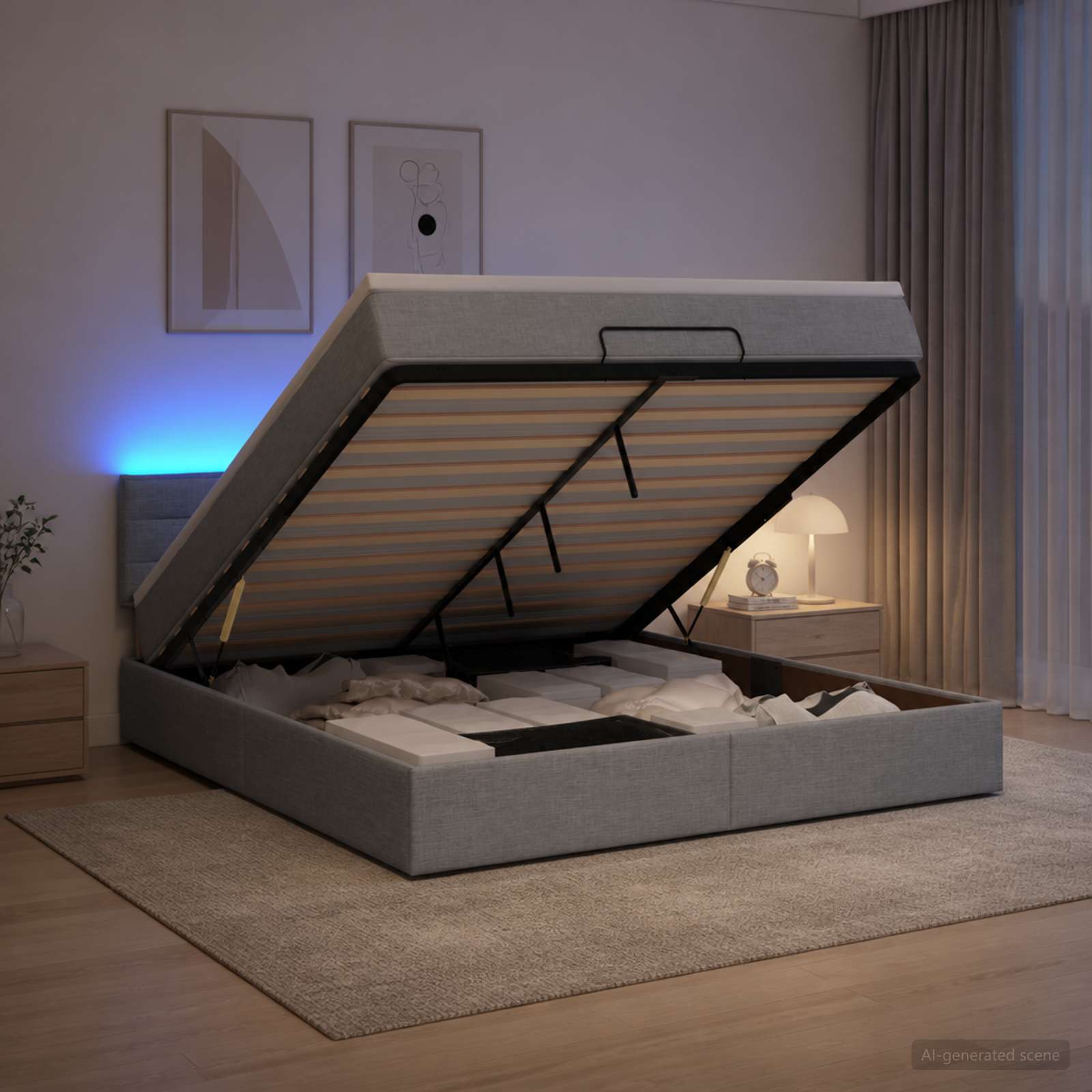 Ottoman-Bett mit Matratze und LED Hellgrau 140 x 190 cm Stoff