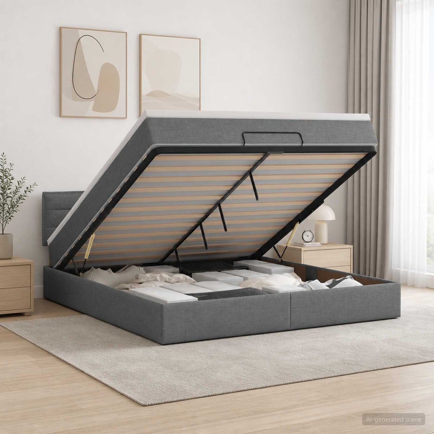 Ottoman-Bett mit Matratze und LED Dunkelgrau 140 x 200 cm Stoff