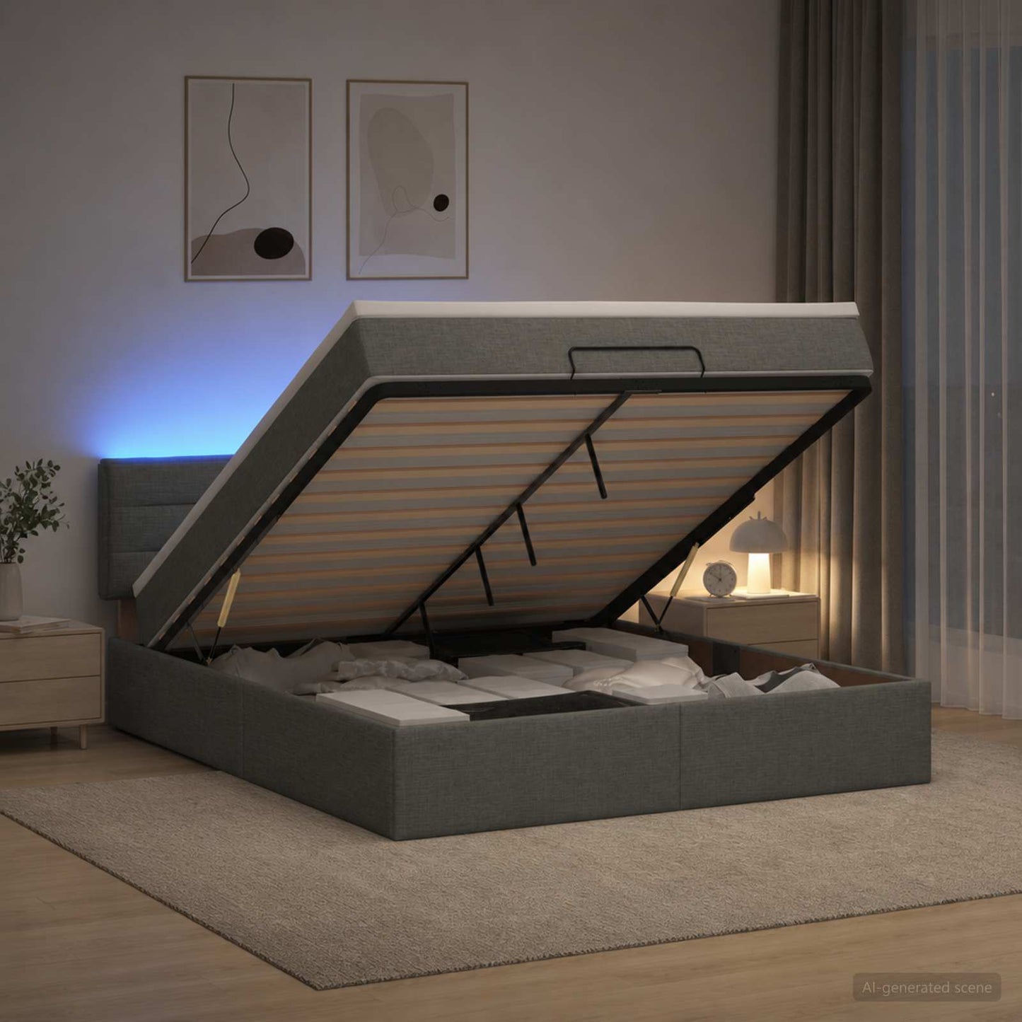 Ottoman-Bett mit Matratze und LED Dunkelgrau 140 x 190 cm Stoff