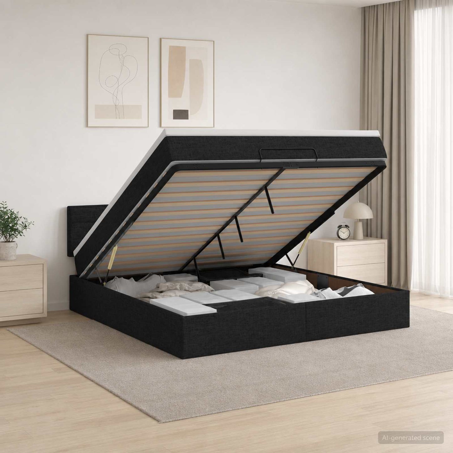 Ottoman-Bett mit Matratze und LED Schwarz 140 x 200 cm Stoff