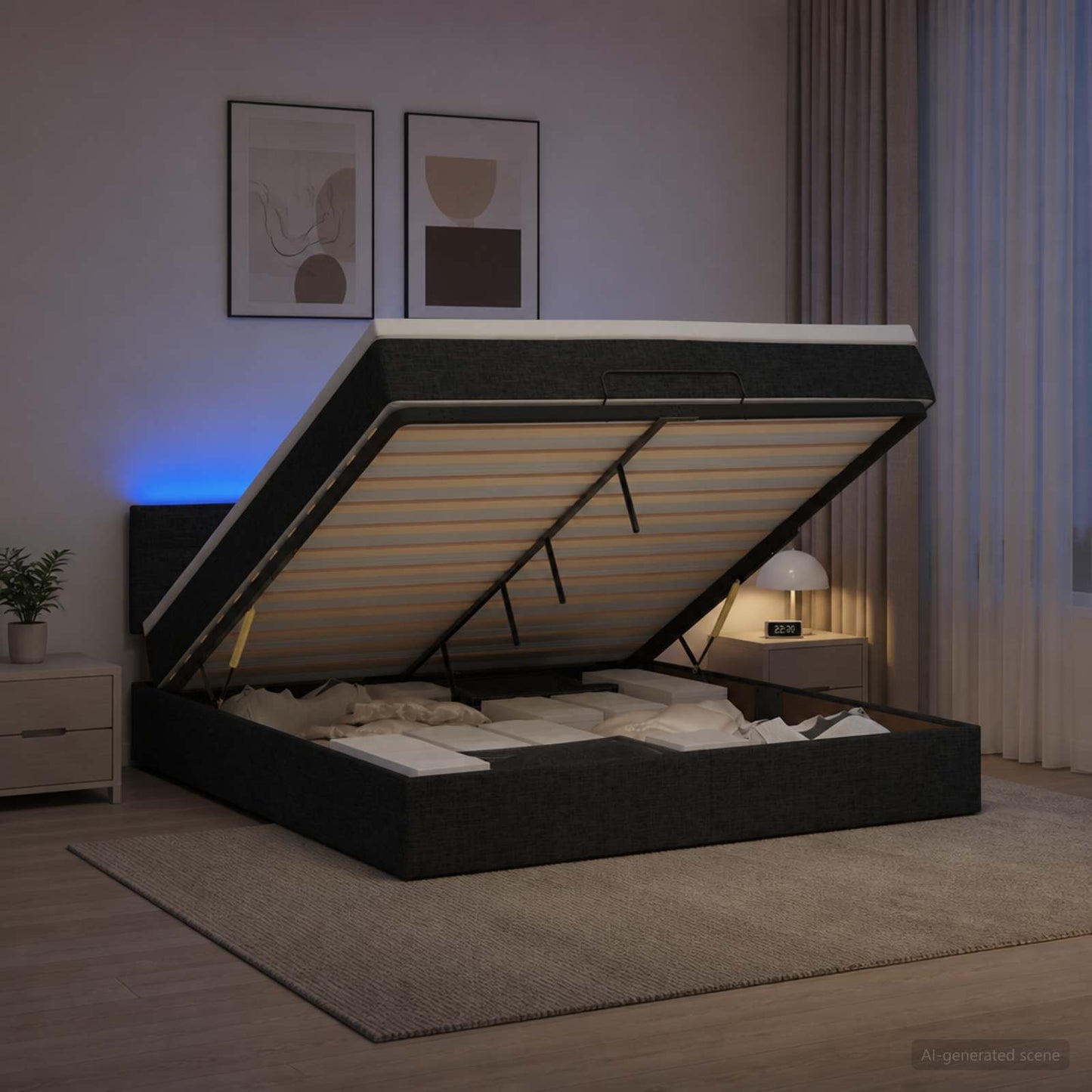 Ottoman-Bett mit Matratze und LED Schwarz 140 x 190 cm Stoff
