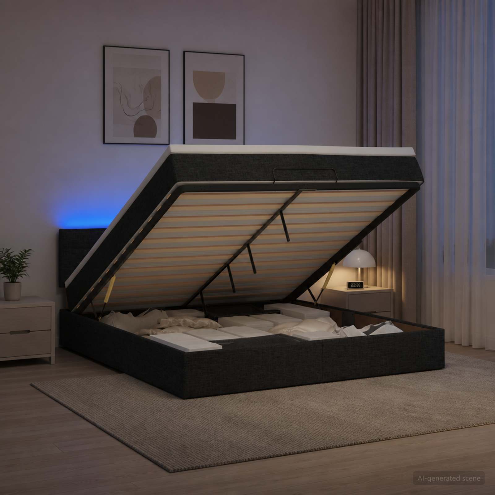 Ottoman-Bett mit Matratze und LED Schwarz 140 x 200 cm Stoff
