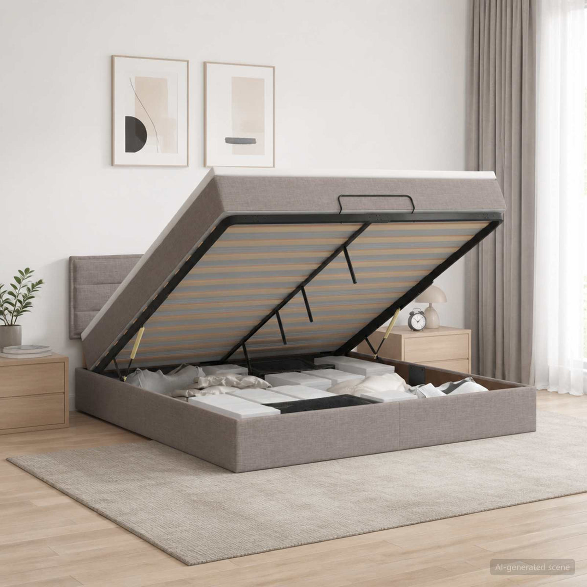 Ottoman Bett mit Matratze mit Kopfteil Taupe 160 x 200 cm Stoff