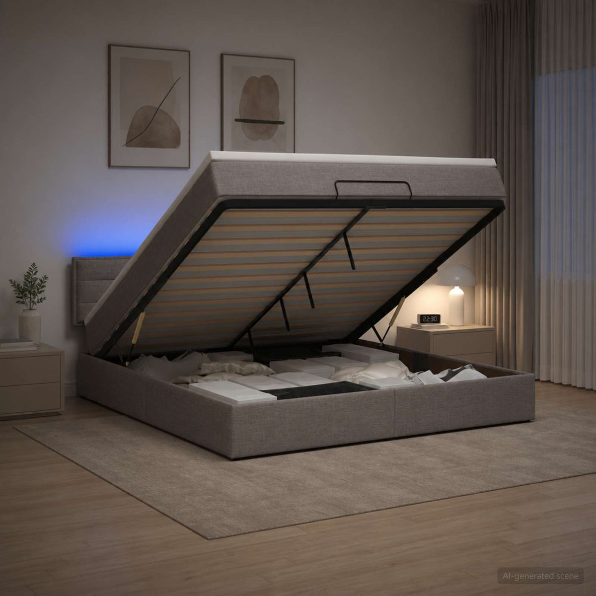 Ottoman-Bett mit Matratze und LED Taupe 160 x 200 cm Stoff