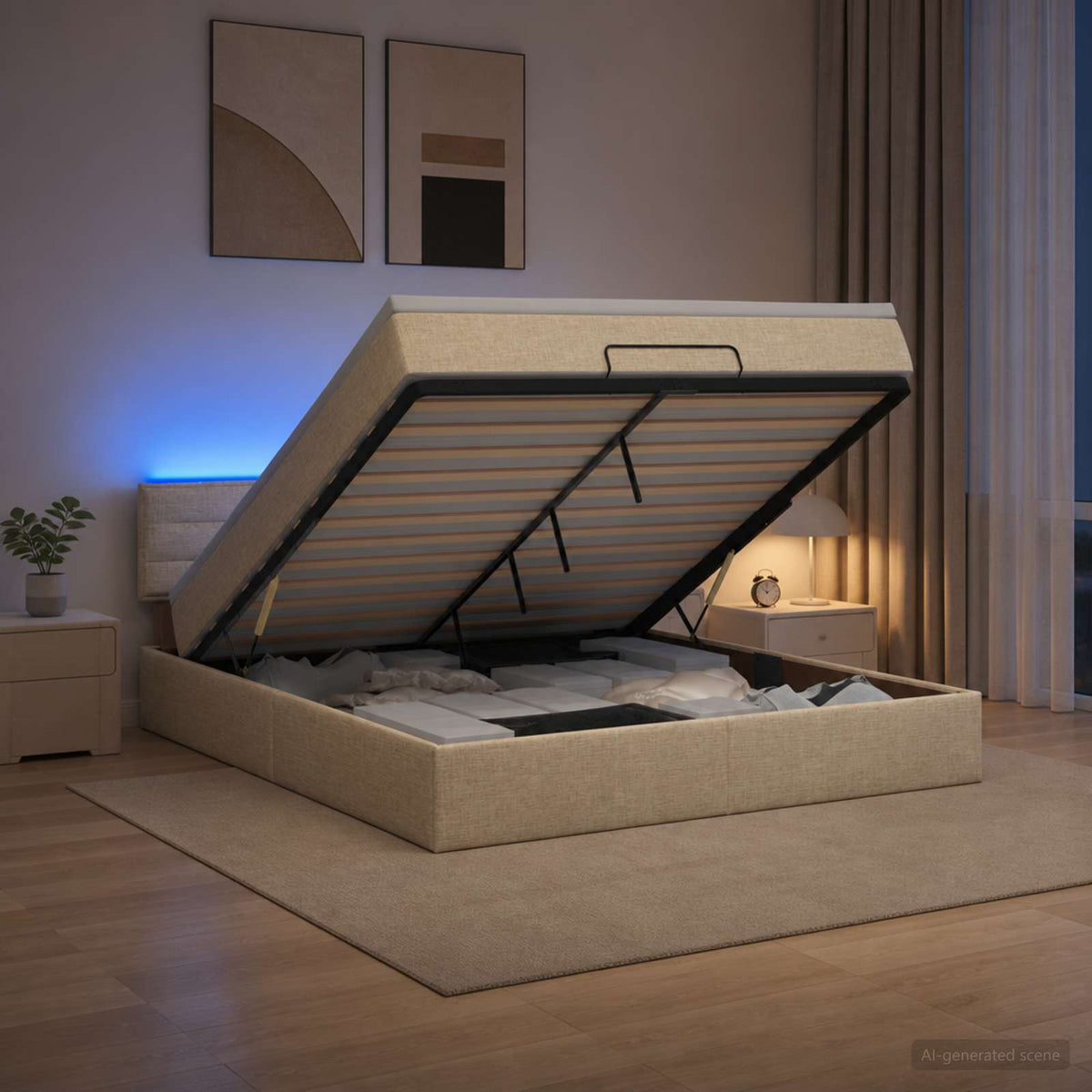 Ottoman-Bett mit Matratze und LED Creme 140 x 200 cm Stoff