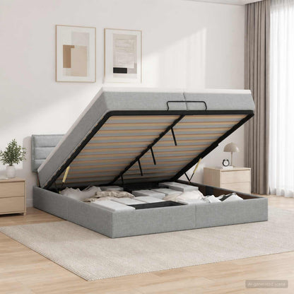 Ottoman Bett mit Matratze Hellgrau 200 x 200 cm Stoff