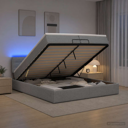 Ottoman-Bett mit Matratze und LED Hellgrau 200 x 200 cm Stoff