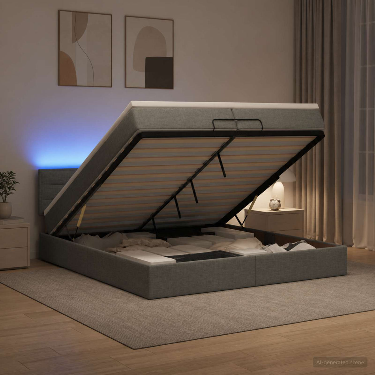 Ottoman-Bett mit Matratze und LED Dunkelgrau 200 x 200 cm Stoff