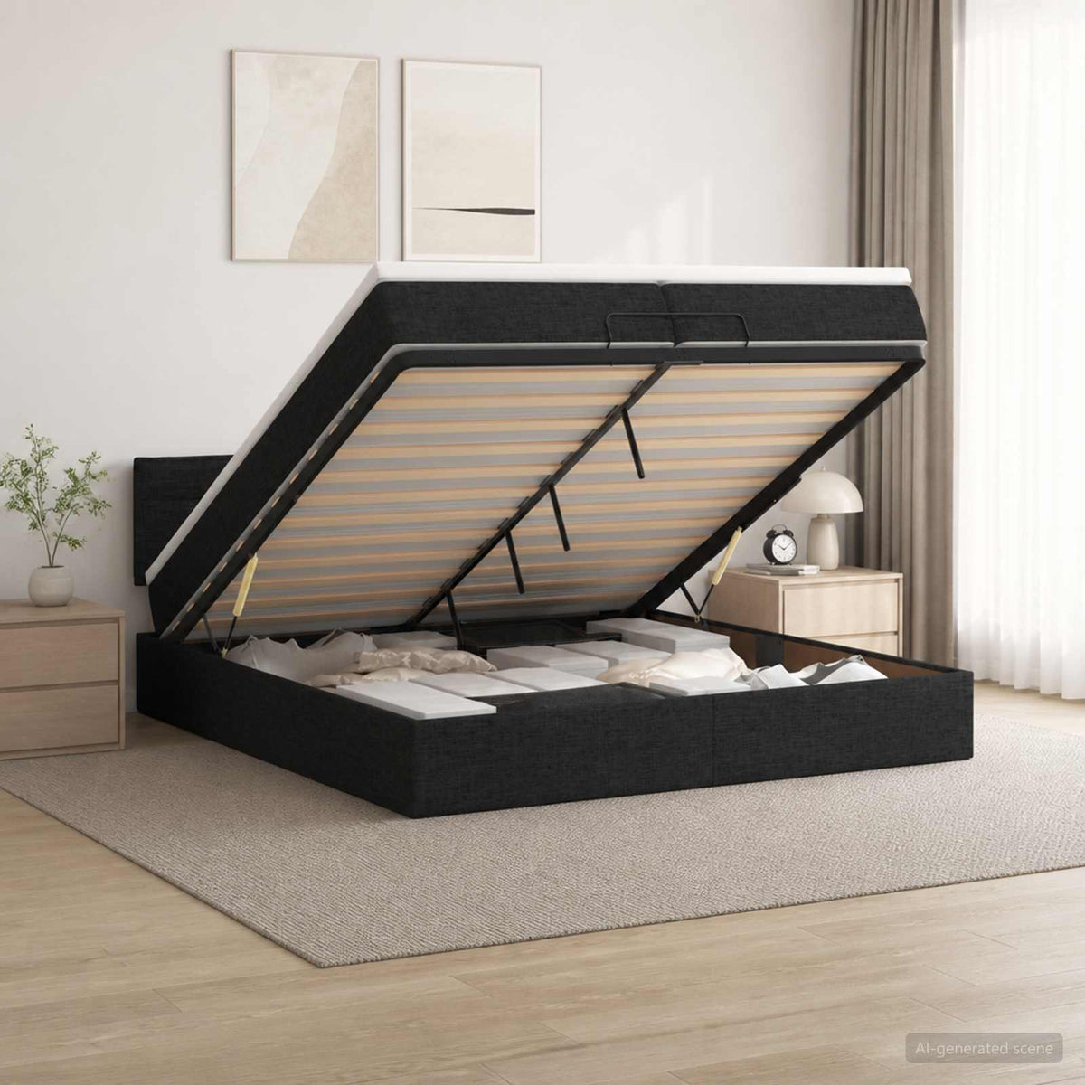 Ottoman Bett mit Matratze Schwarz 200 x 200 cm Stoff