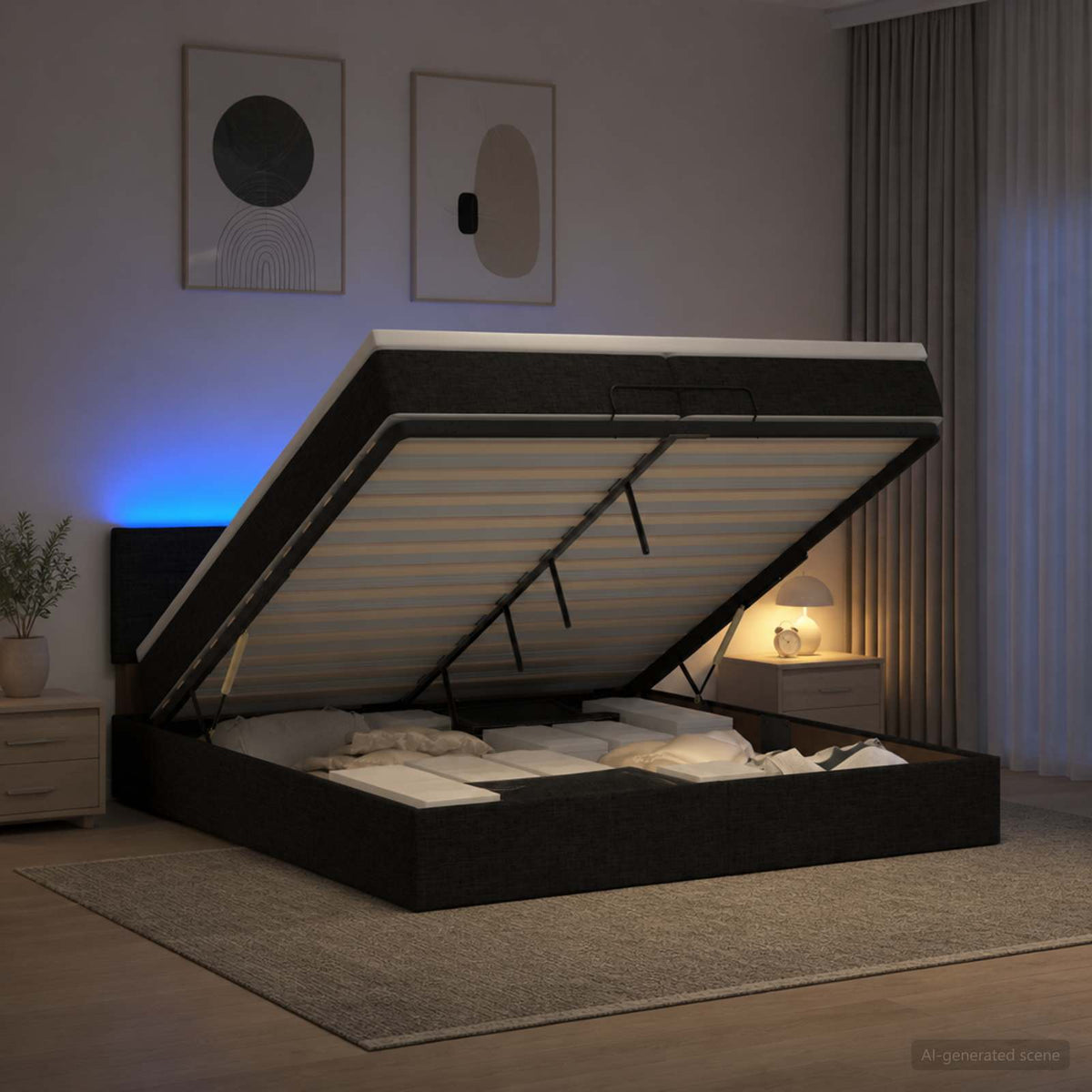 Ottoman-Bett mit Matratze und LED Schwarz 200 x 200 cm Stoff