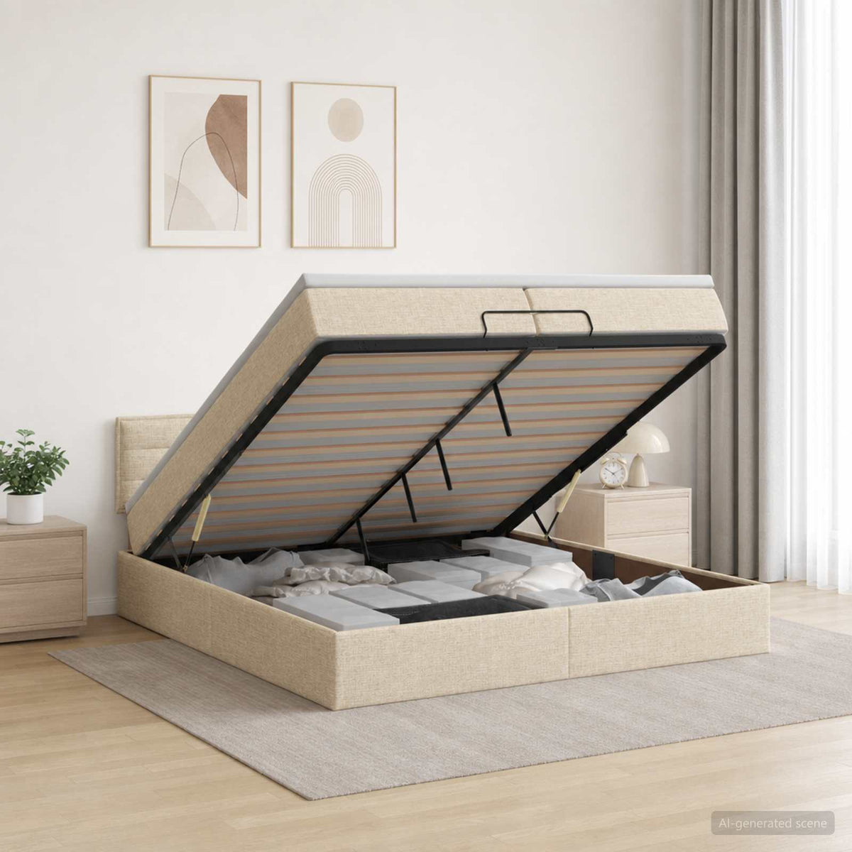 Ottoman Bett mit Matratze mit Kopfteil Creme 200 x 200 cm Stoff