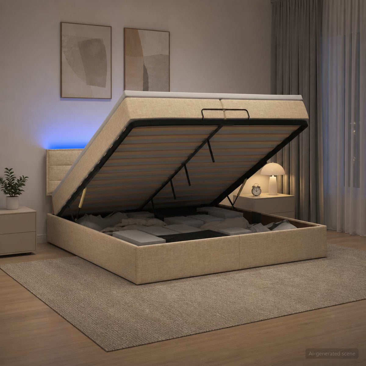 Ottoman-Bett mit Matratze und LED Creme 200 x 200 cm Stoff