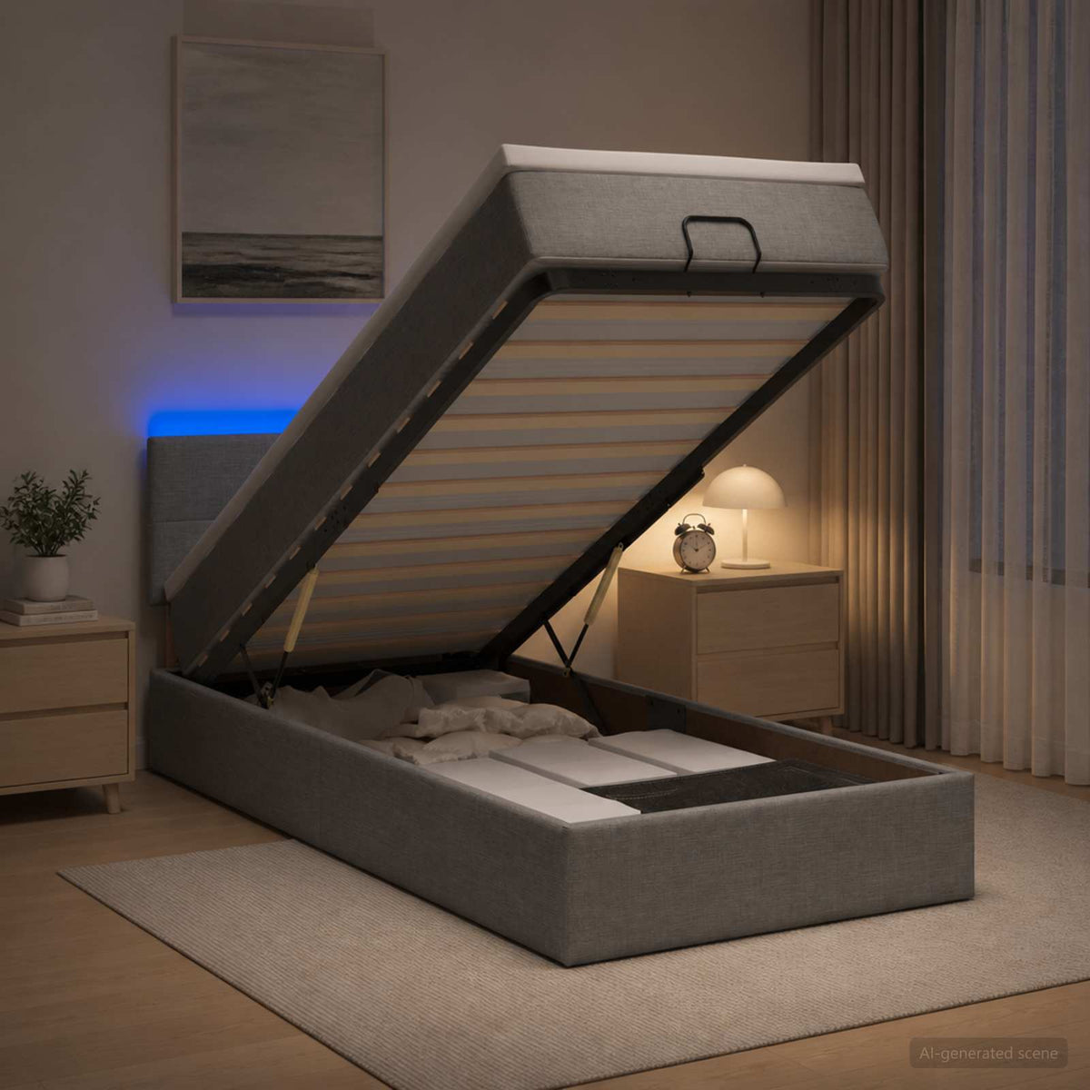 Ottoman-Bett mit Matratze und LED Hellgrau 90 x 200 cm Stoff
