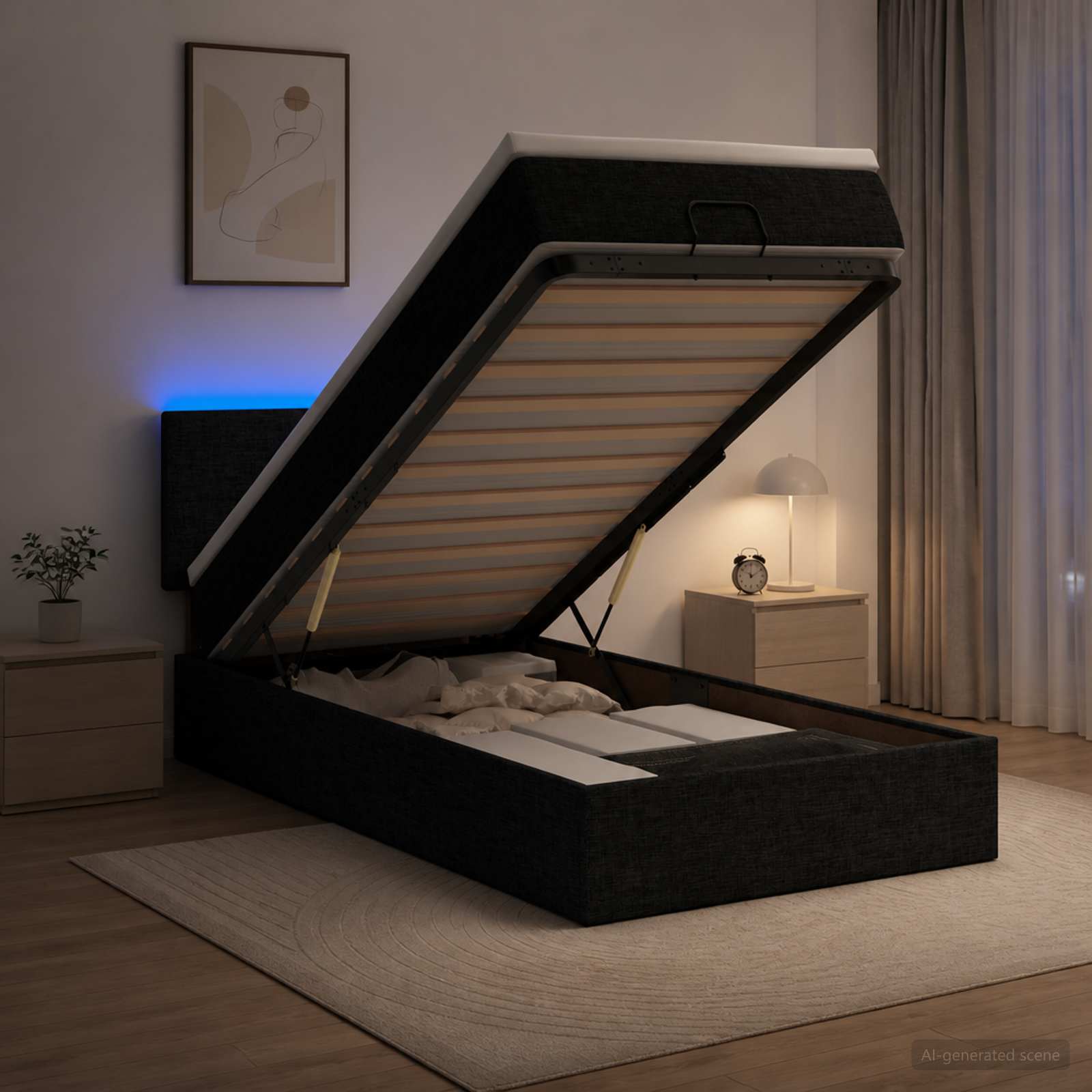 Ottoman-Bett mit Matratze und LED Schwarz 90 x 200 cm Stoff