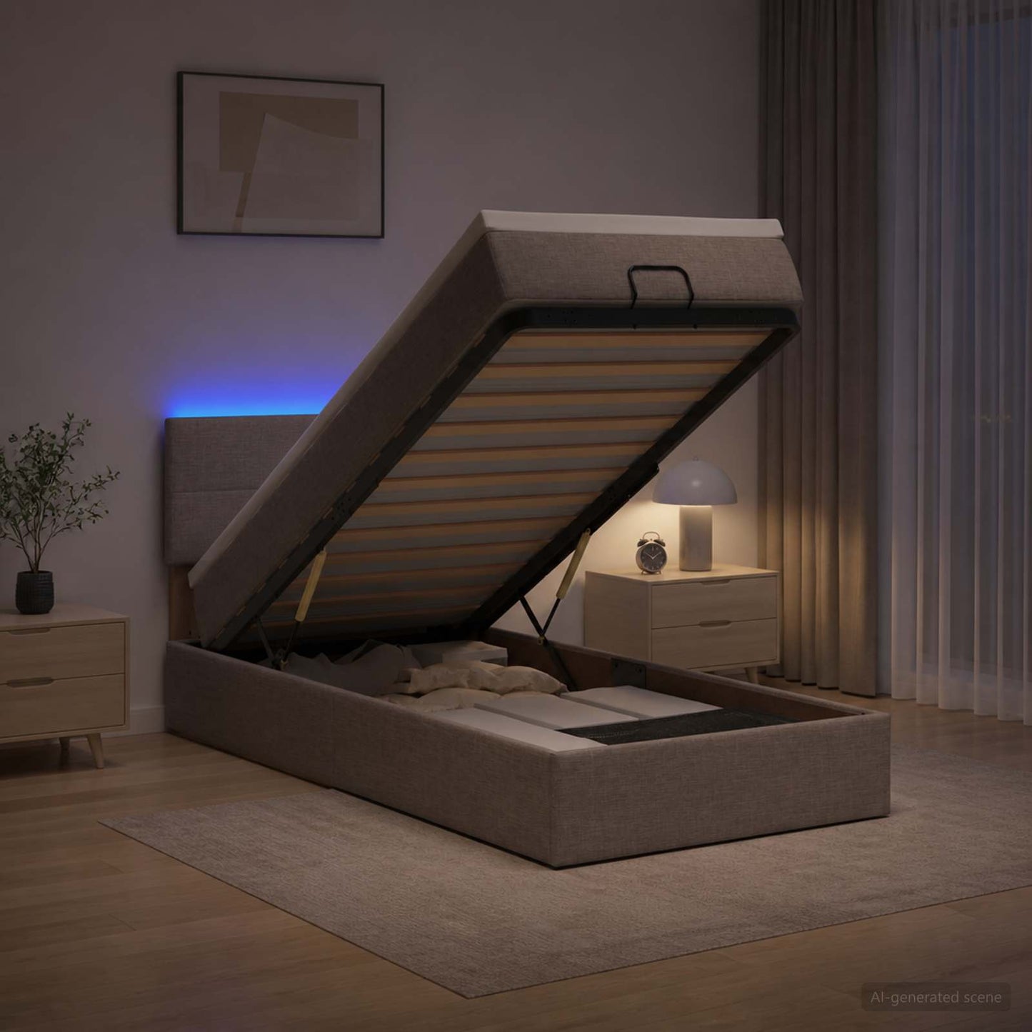 Ottoman-Bett mit Matratze und LED Taupe 90 x 200 cm Stoff