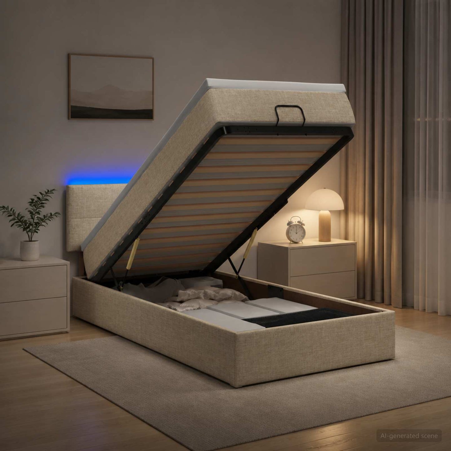 Ottoman-Bett mit Matratze und LED Creme 90 x 200 cm Stoff