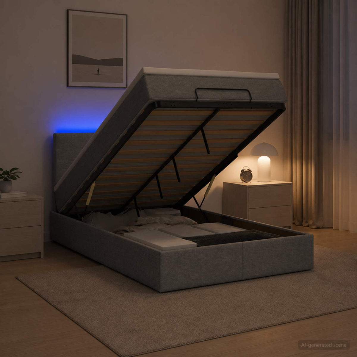 Ottoman-Bett mit Matratze und LED Hellgrau 120 x 200 cm Stoff