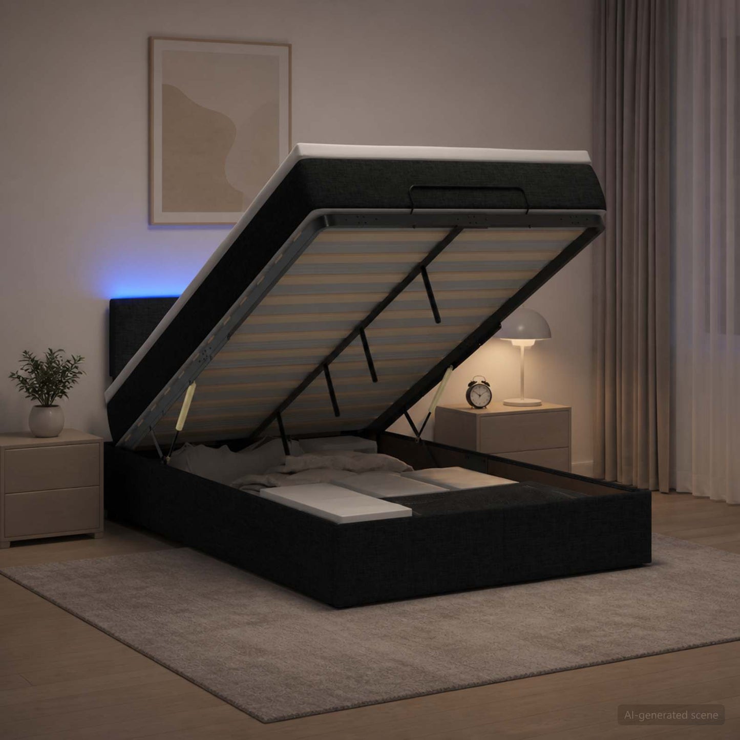 Ottoman-Bett mit Matratze und LED Schwarz 120 x 190 cm Stoff