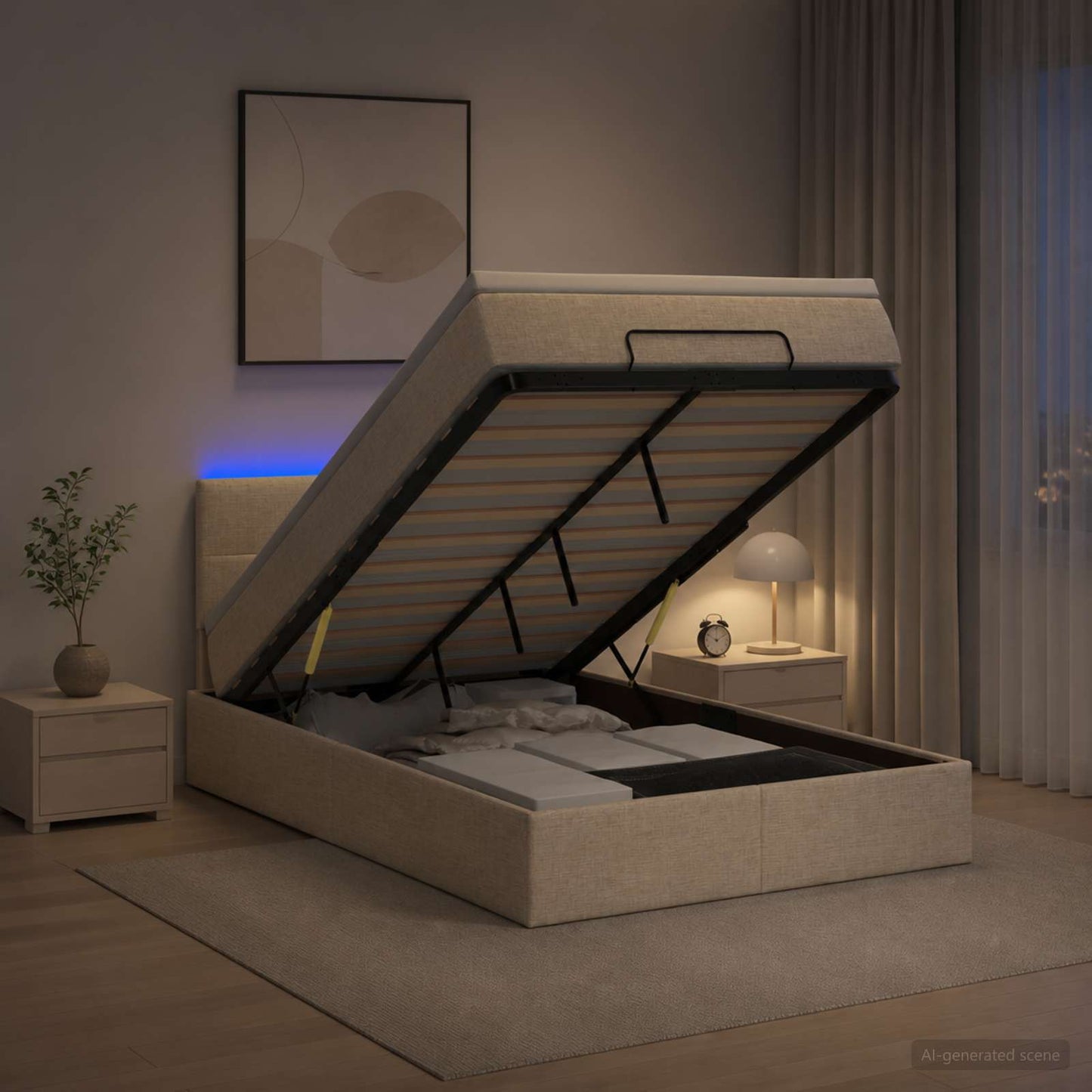 Ottoman-Bett mit Matratze und LED Creme 120 x 200 cm Stoff