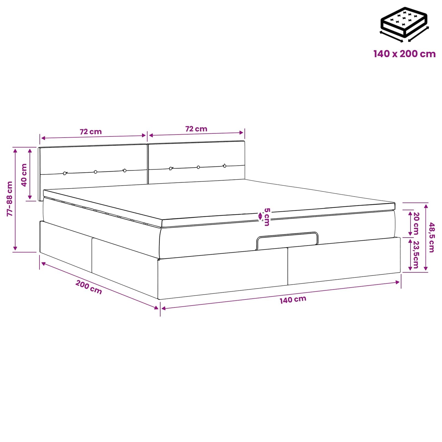 Ottoman-Bett mit Matratze und LED Dunkelgrau 140 x 200 cm Stoff