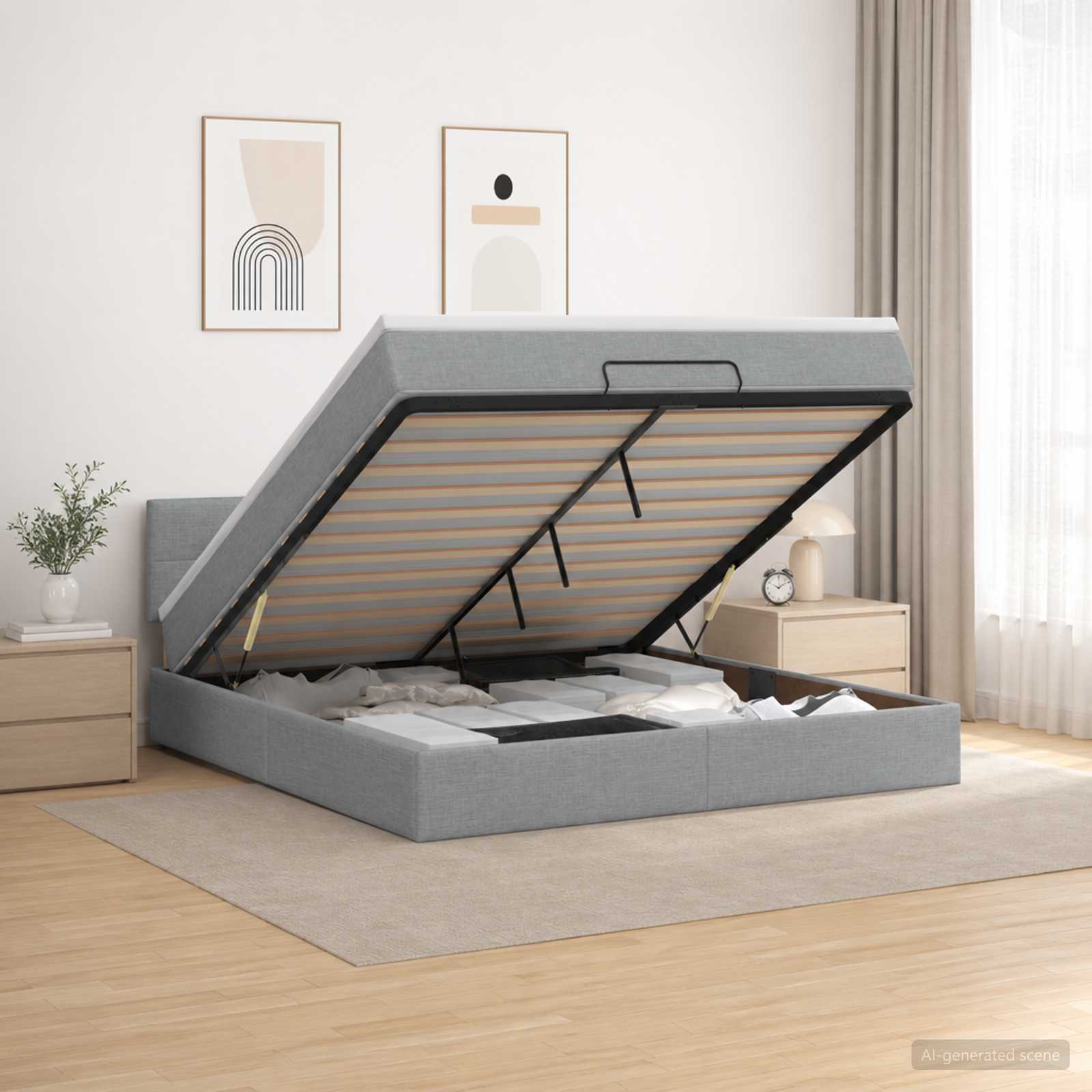 Ottoman-Bett mit Matratze und LED Hellgrau 140 x 200 cm Stoff