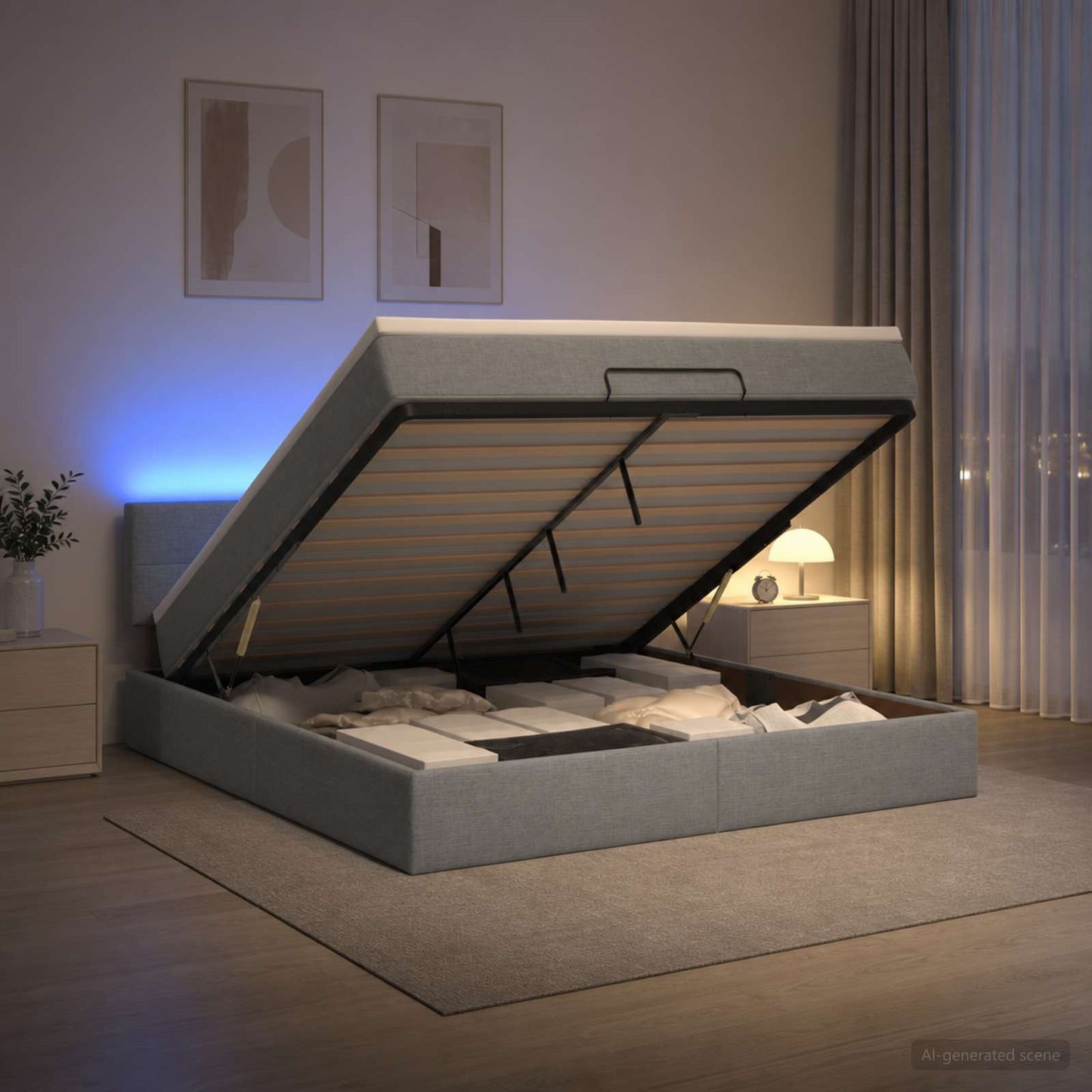 Ottoman-Bett mit Matratze und LED Hellgrau 140 x 200 cm Stoff