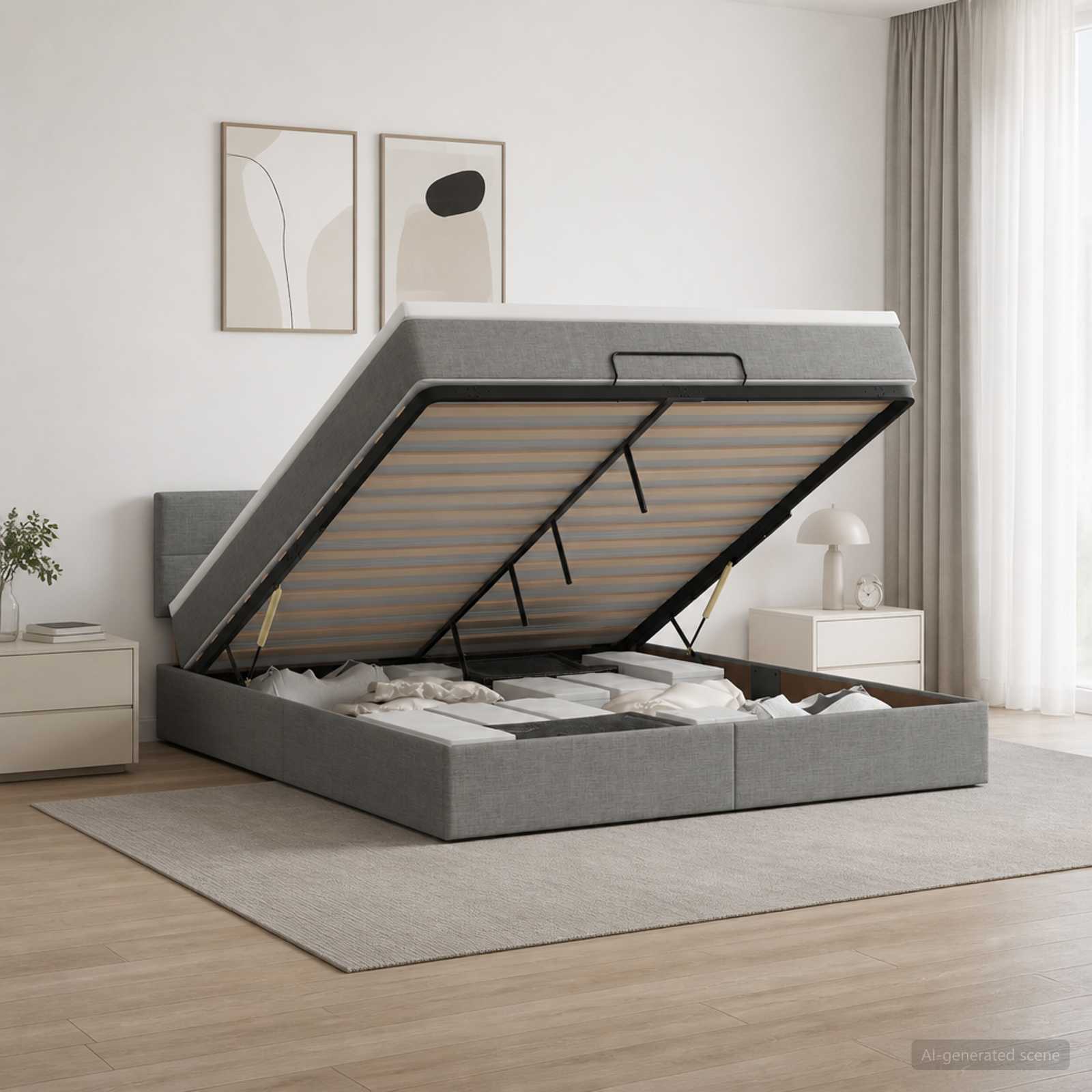 Ottoman-Bett mit Matratze und LED Dunkelgrau 140 x 200 cm Stoff