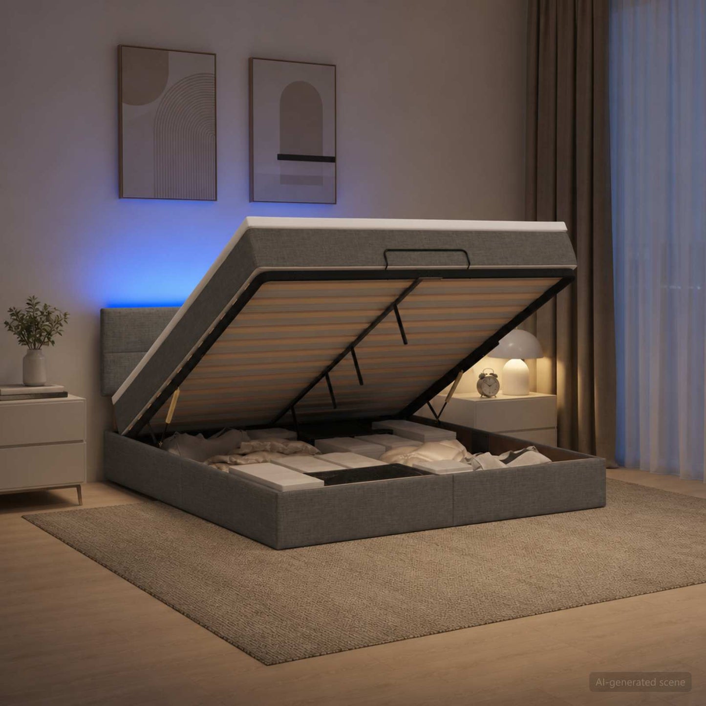 Ottoman-Bett mit Matratze und LED Dunkelgrau 140 x 190 cm Stoff