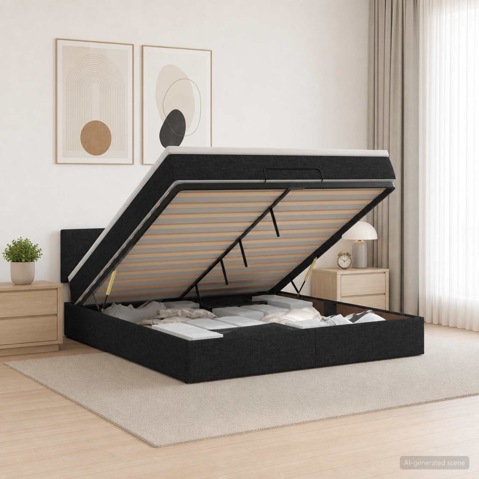 Ottoman-Bett mit Matratze und LED Schwarz 140 x 190 cm Stoff