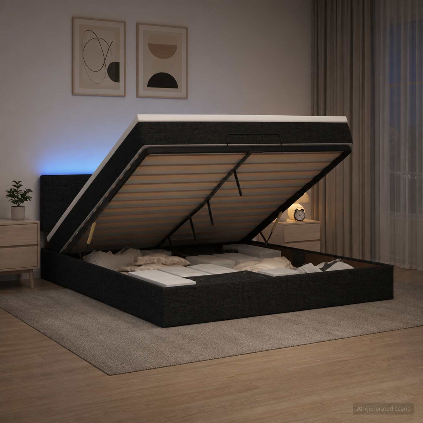 Ottoman-Bett mit Matratze und LED Schwarz 140 x 190 cm Stoff