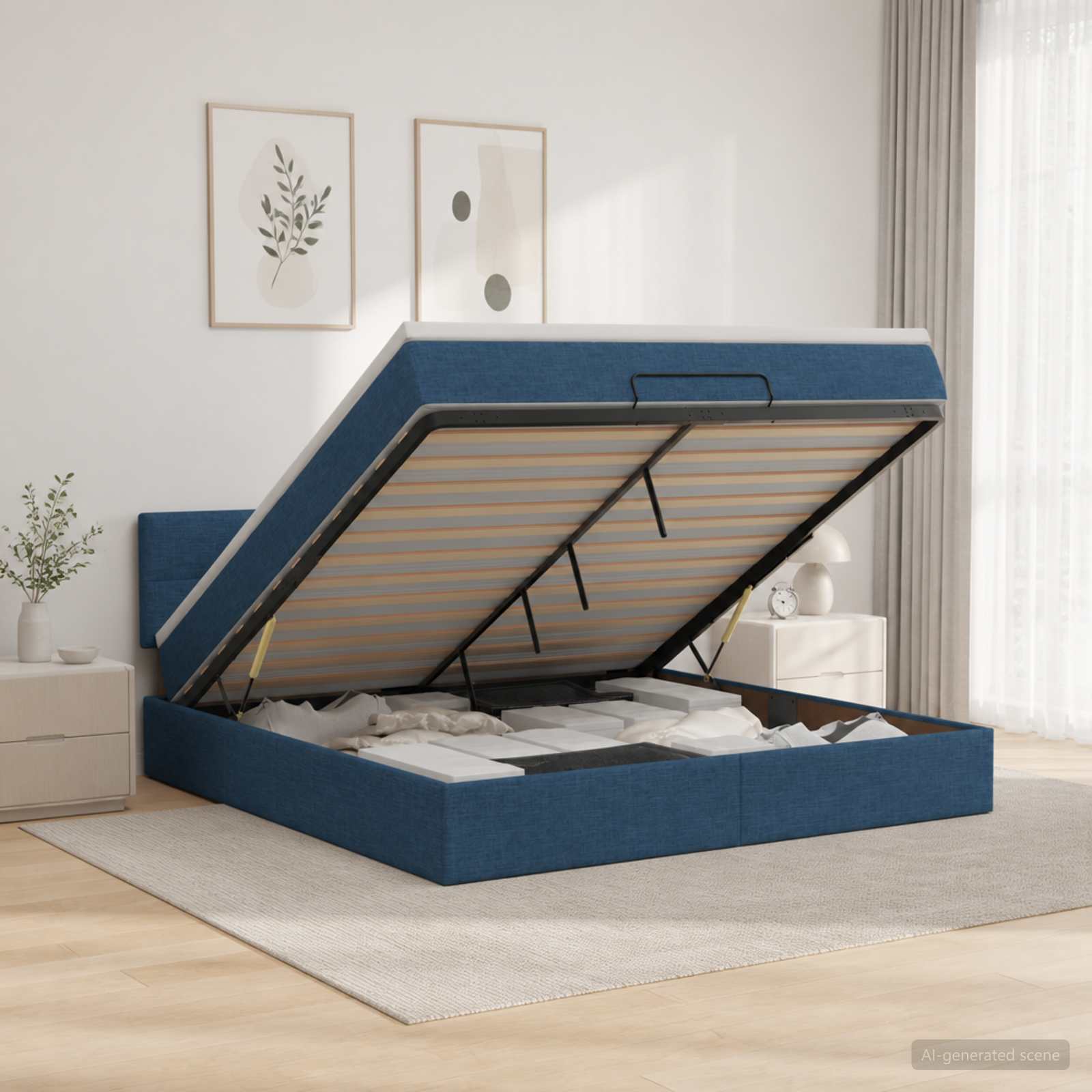 Ottoman Bett mit Matratze mit Kopfteil Blau 140 x 200 cm Stoff