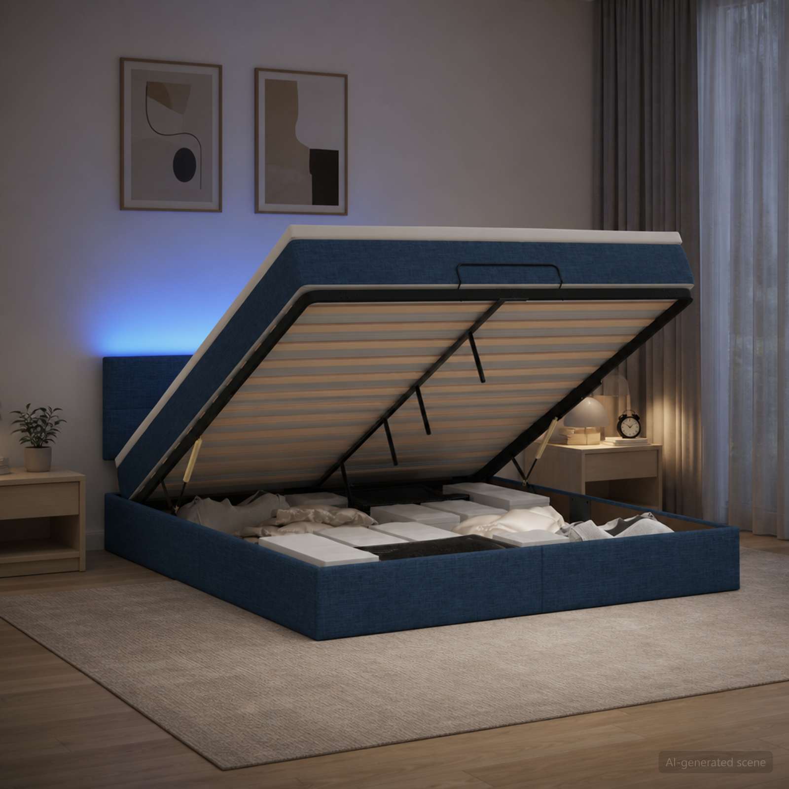Ottoman-Bett mit Matratze und LED Blau 140 x 200 cm Stoff