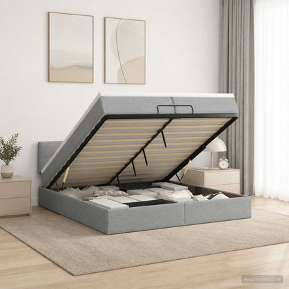 Ottoman Bett mit Matratze Hellgrau 200 x 200 cm Stoff
