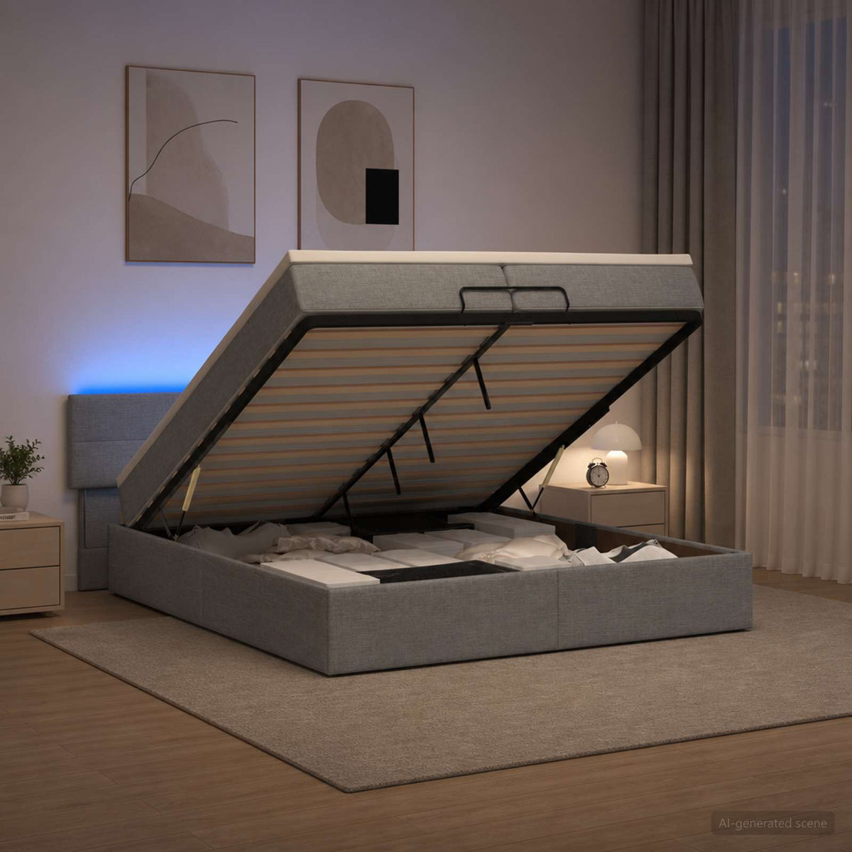 Ottoman-Bett mit Matratze und LED Hellgrau 200 x 200 cm Stoff
