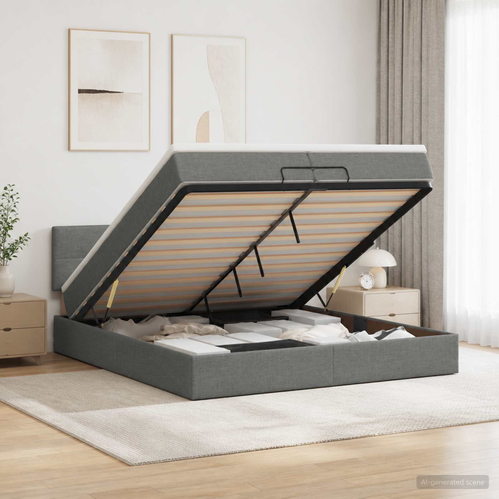 Ottoman-Bett mit Matratze und LED Dunkelgrau 200 x 200 cm Stoff