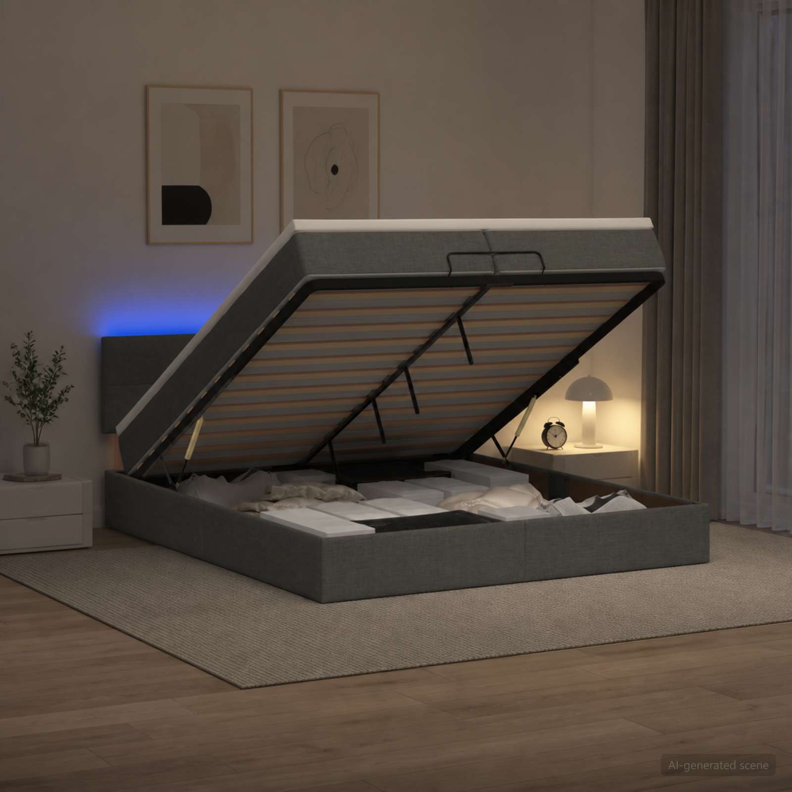 Ottoman-Bett mit Matratze und LED Dunkelgrau 200 x 200 cm Stoff
