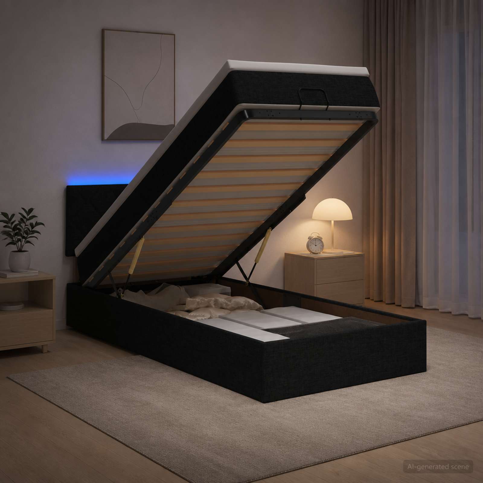 Ottoman-Bett mit Matratze und LED Schwarz 90 x 190 cm Stoff
