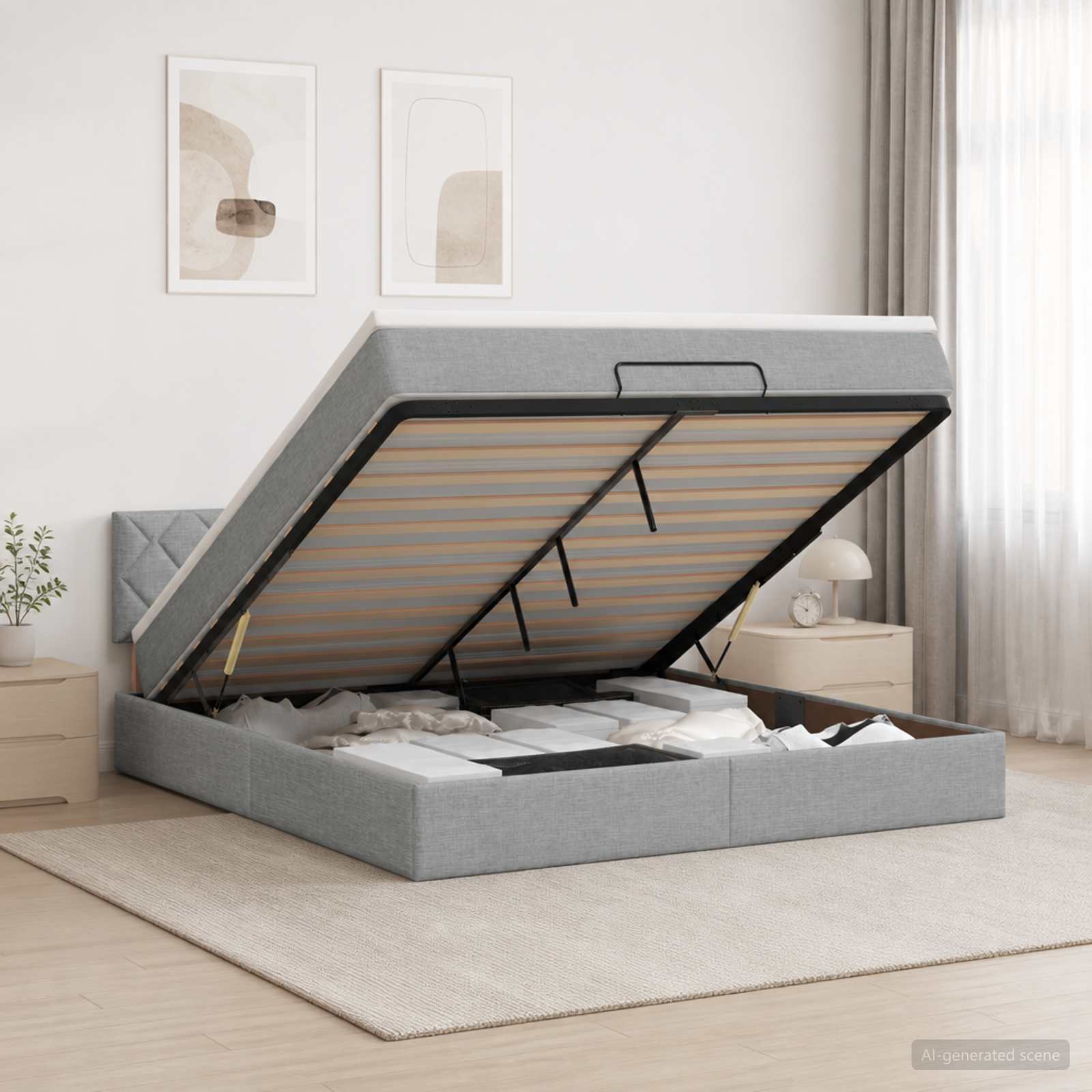 Ottoman-Bett mit Matratze und LED Hellgrau 140 x 190 cm Stoff