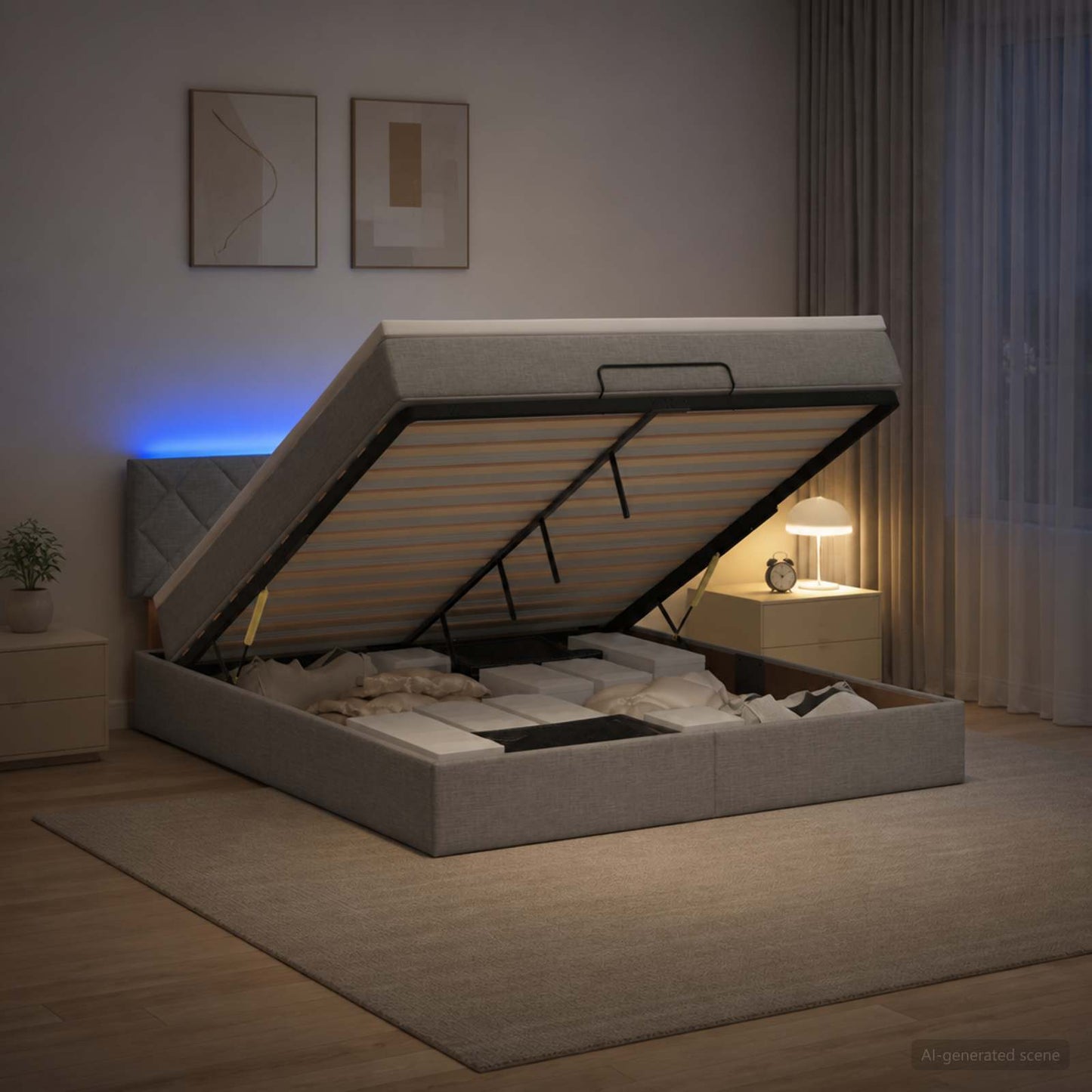 Ottoman-Bett mit Matratze und LED Hellgrau 160 x 200 cm Stoff