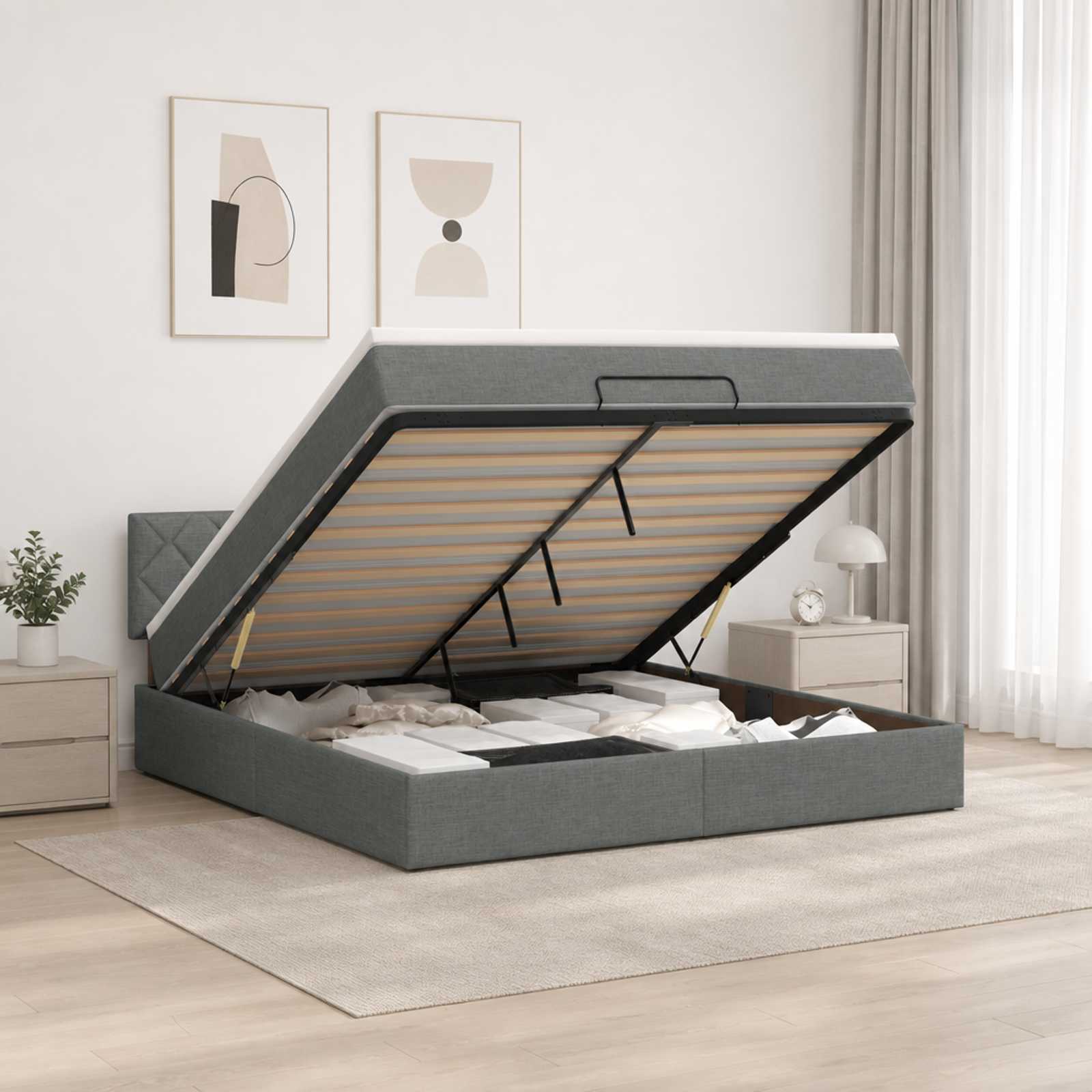 Ottoman-Bett mit Matratze und LED Dunkelgrau 140 x 200 cm Stoff