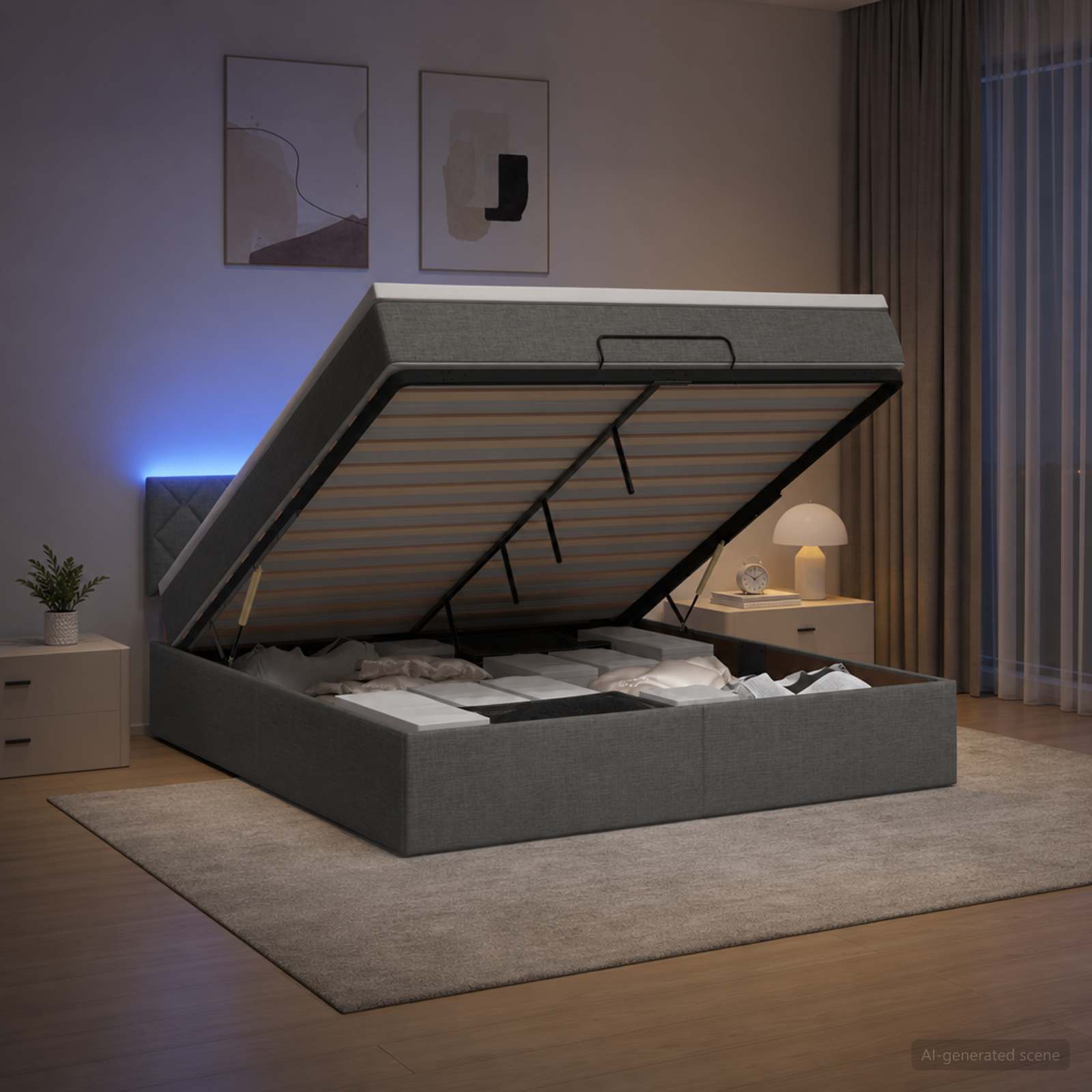 Ottoman-Bett mit Matratze und LED Dunkelgrau 140 x 200 cm Stoff