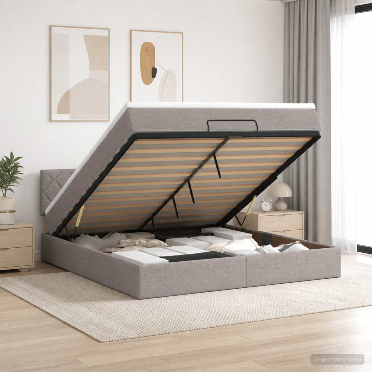 Ottoman-Bett mit Matratze und LED Taupe 160 x 200 cm Stoff