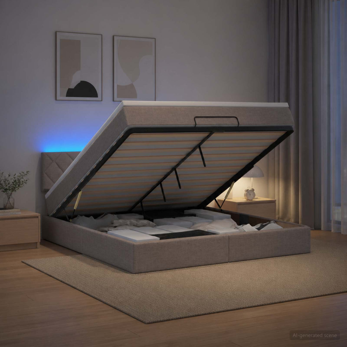 Ottoman-Bett mit Matratze und LED Taupe 160 x 200 cm Stoff