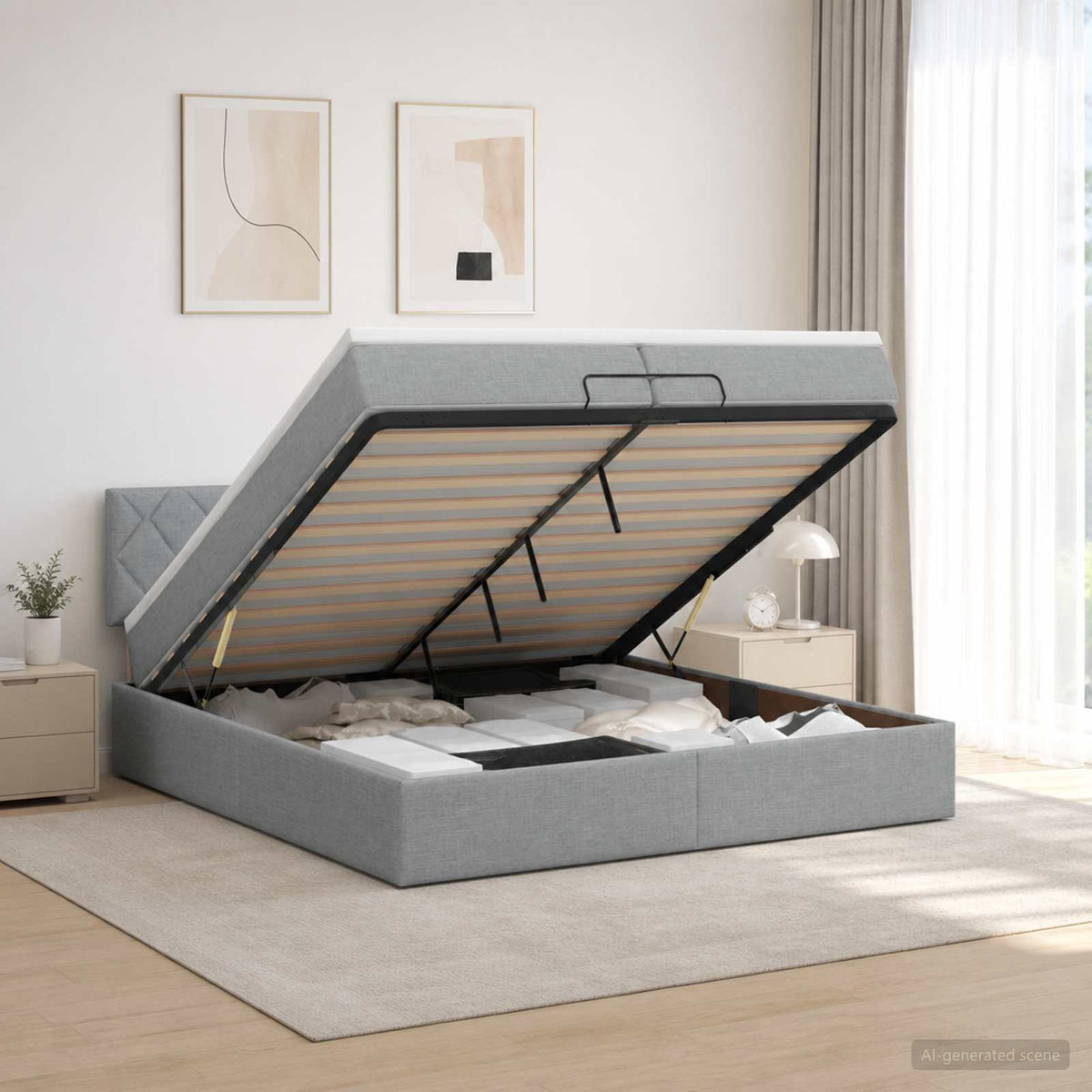 Ottoman Bett mit Matratze Hellgrau 200 x 200 cm Stoff